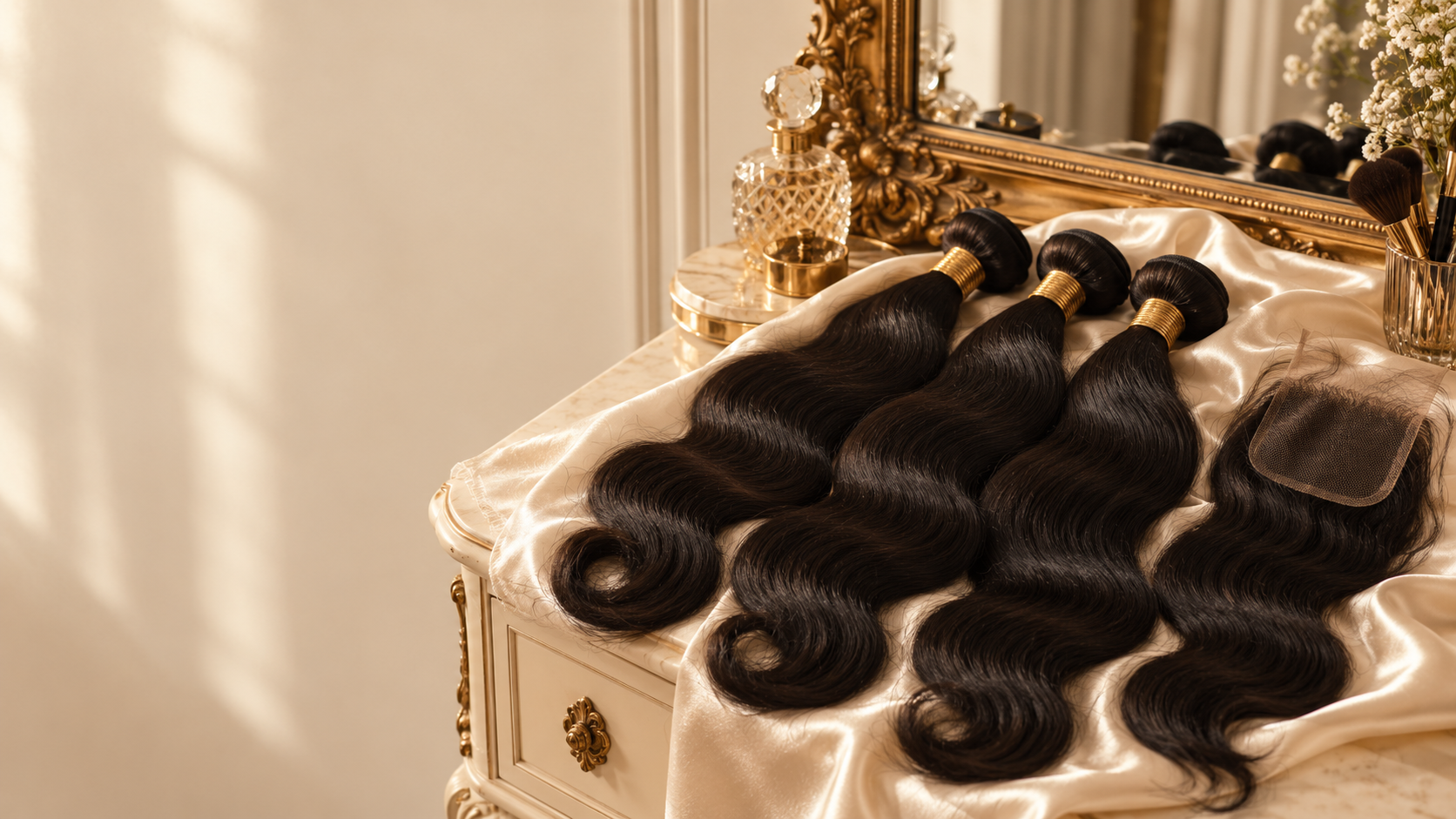 Body wave hair bundles and a lace closure on ivory satin